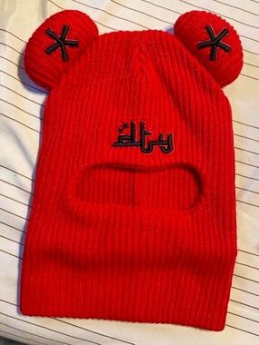 Red Ribbed Knit Balaclava with Bear Ears and Embroidered Logo